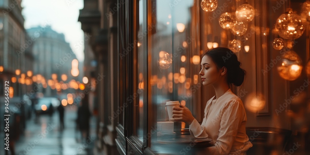 Fototapeta premium A Serene Moment: Enjoying Coffee in a Cozy Urban Cafe on a Rainy Day