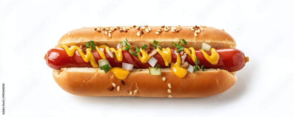 Delicious hot dog topped with mustard, ketchup, and chopped vegetables served in a soft bun Delicious hot dog topped with mustard, ketchup, and chopped vegetables served in a soft bun