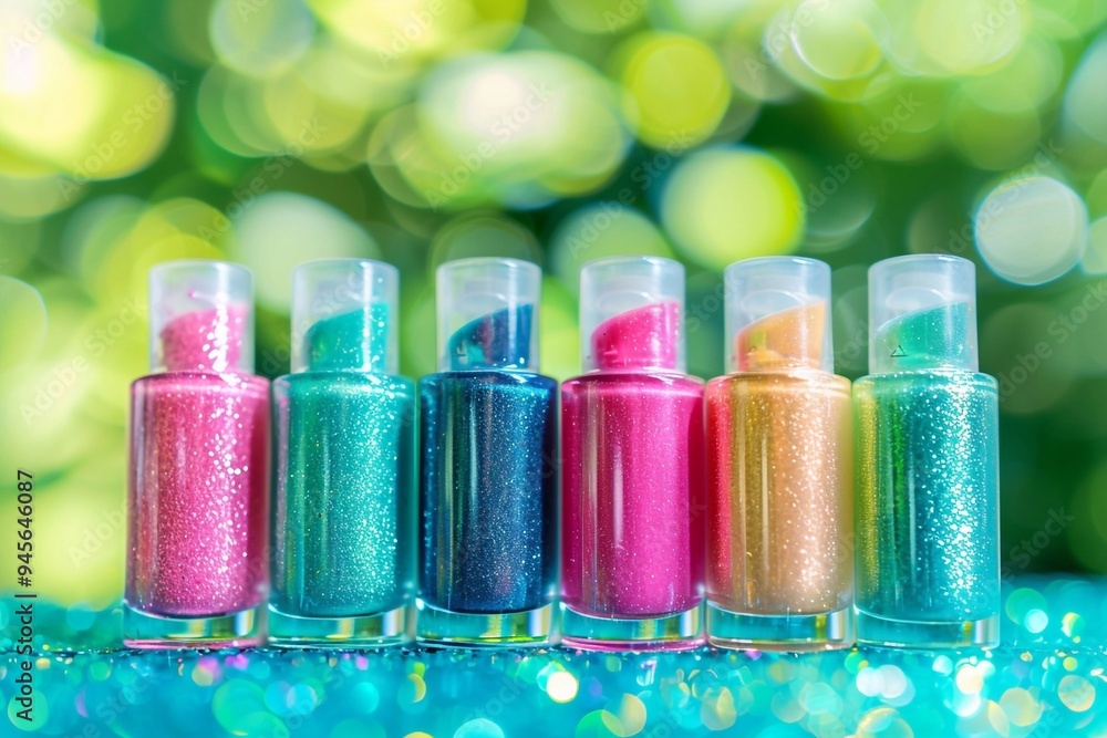 Colorful bottles of bright glitter nail polish lined up, showcasing vibrant hues and sparkling finishes.