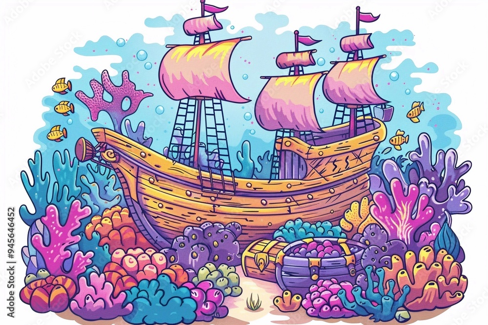Naklejka premium coloring pages for kids, cute and funny and kawaii A sunken pirate ship filled with treasure chests among bright corals.