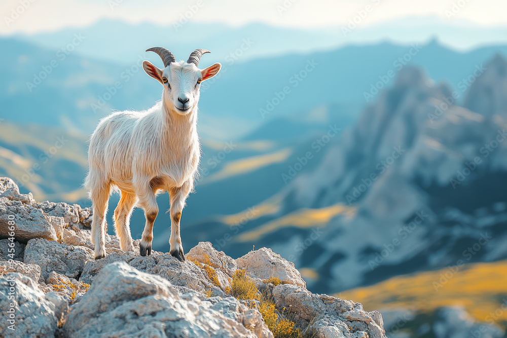 Goat climbing a rocky mountain slope with a view of distant peaks, Goat climbing a rocky mountain slope with a view of distant peaks,