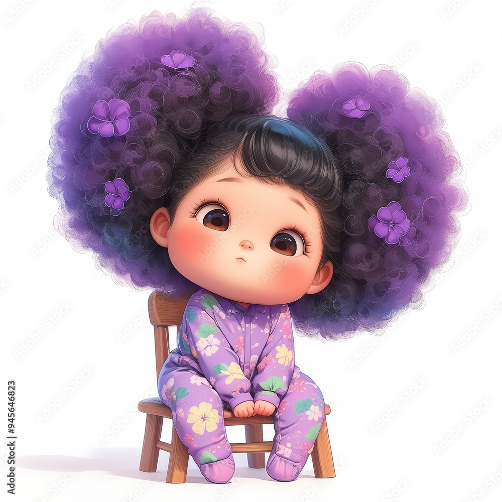 A cute child with large, curly hair adorned with flowers, sitting on a small chair in pajamas. A cute child with large, curly hair adorned with flowers, sitting on a small chair in pajamas.