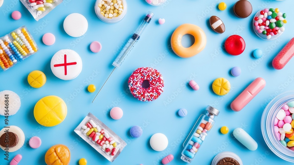 A colorful arrangement of various pills, candies, and medical items on a blue background. A colorful arrangement of various pills, candies, and medical items on a blue background.