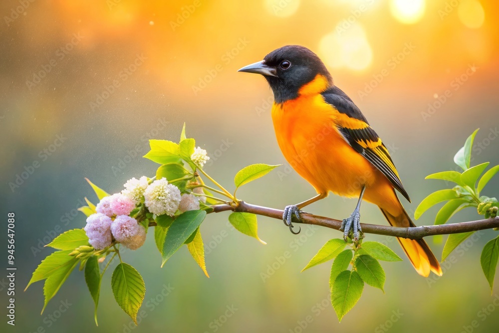 Vibrant orange oriole perched on misty morning dew-kissed branch, warm golden light, soft focus, pastel hues, serenity, peacefulness, awaiting takeoff concept. Vibrant orange oriole perched on misty morning dew-kissed branch, warm golden light, soft focus, pastel hues, serenity, peacefulness, awaiting takeoff concept.