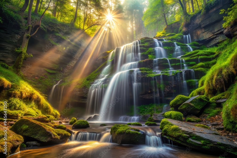 Moore Cove Falls cascading down a moss-covered rockface, misty atmosphere, warm sunlight filtering through the trees, a realistic photo image. Moore Cove Falls cascading down a moss-covered rockface, misty atmosphere, warm sunlight filtering through the trees, a realistic photo image.