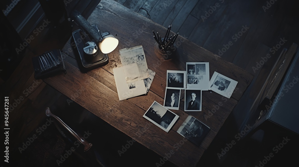 Naklejka premium A dimly lit desk with old photographs and a lamp, evoking nostalgia and reflection.