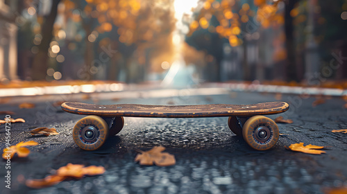 Skateboard laying in the middle of urban street photorealistic 3d rendering