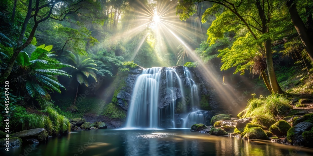 A tranquil scene of Moore Cove Falls in the midst of a vibrant rainforest, shafts of light illuminating the falling water, a realistic photo image. A tranquil scene of Moore Cove Falls in the midst of a vibrant rainforest, shafts of light illuminating the falling water, a realistic photo image.