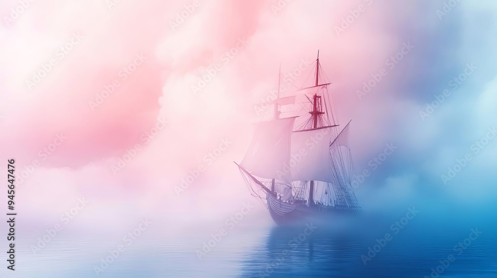 Soft pink and blue pastel ghost ship sailing through a misty pastel sea, Halloween ghostly voyage Soft pink and blue pastel ghost ship sailing through a misty pastel sea, Halloween ghostly voyage