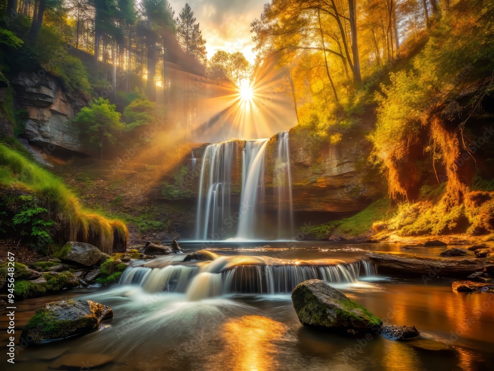 Moore Cove Falls as the sun rises, warm golden light, misty atmosphere, and vibrant colors, a realistic photo image. Moore Cove Falls as the sun rises, warm golden light, misty atmosphere, and vibrant colors, a realistic photo image.