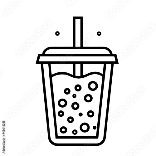 A disposable cup filled with a fizzy drink is seen with a straw, showcasing bubbles rising in a minimalist design