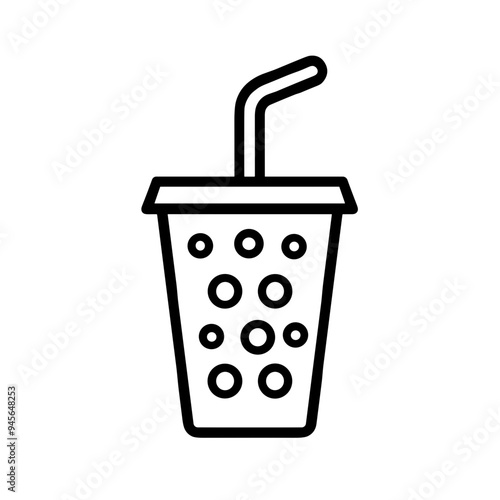An outline drawing showcases a cup with a straw, filled with bubbles, ideal for representing drinks, smoothies, or refreshing beverages in minimalist design