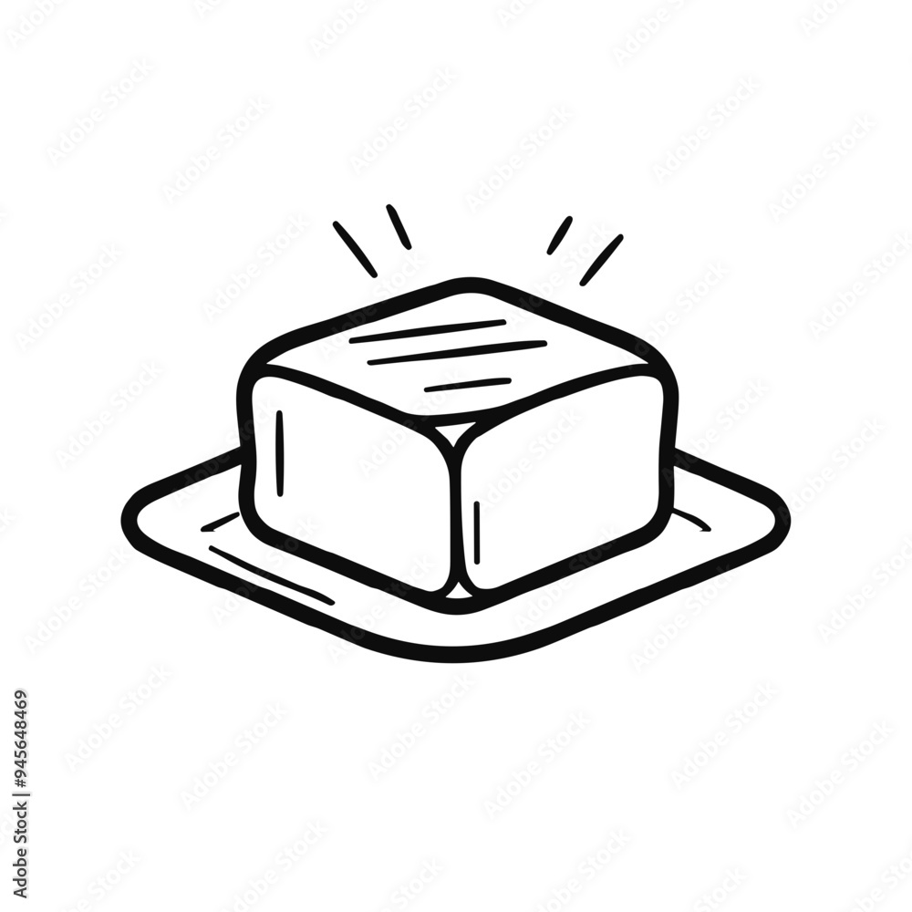 A simple butter cube rests on a white plate, highlighted by radiating lines that suggest freshness and its culinary importance in various dishes A simple butter cube rests on a white plate, highlighted by radiating lines that suggest freshness and its culinary importance in various dishes