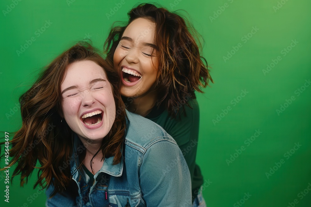 Friends Having Fun Two female friends having fun infront of a green background in a studio. Friends Having Fun Two female friends having fun infront of a green background in a studio.
