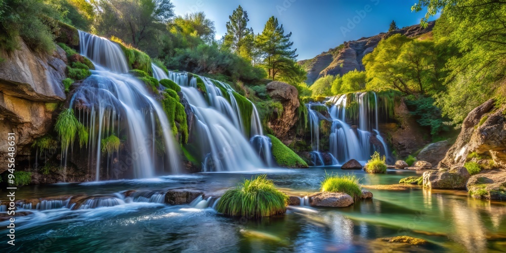 Fototapeta premium Feather Falls' serene morning atmosphere, with gentle water flow and lush vegetation, a realistic photo image.
