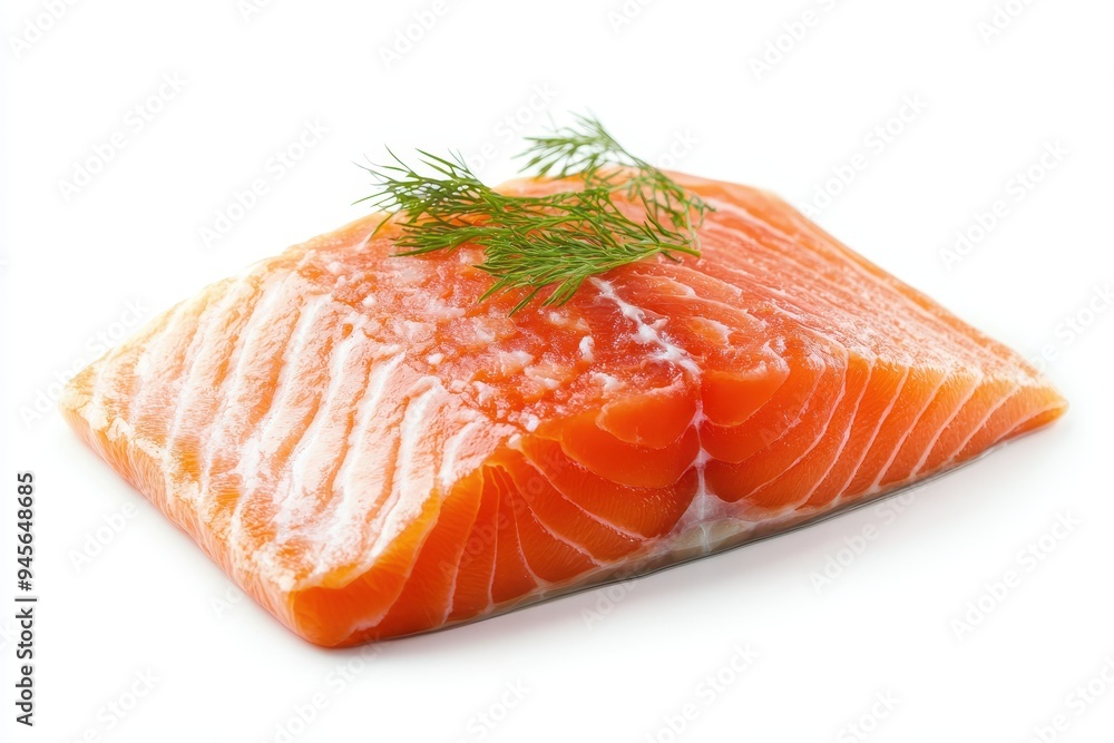 A fresh salmon fillet garnished with a sprig of dill, ready for cooking or presentation. A fresh salmon fillet garnished with a sprig of dill, ready for cooking or presentation.