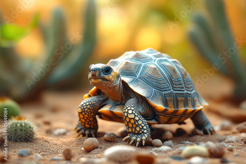 Tortoise slowly moving across a sandy desert with cacti in the background,