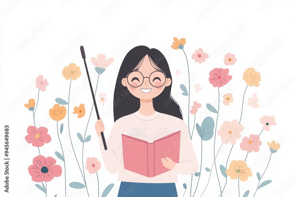 Happy Teacher's Day, teacher holding a book and a pointer in hand with a floral background. design for a Happy Back to School day banner template in a flat cartoon style Happy Teacher's Day, teacher holding a book and a pointer in hand with a floral background. design for a Happy Back to School day banner template in a flat cartoon style