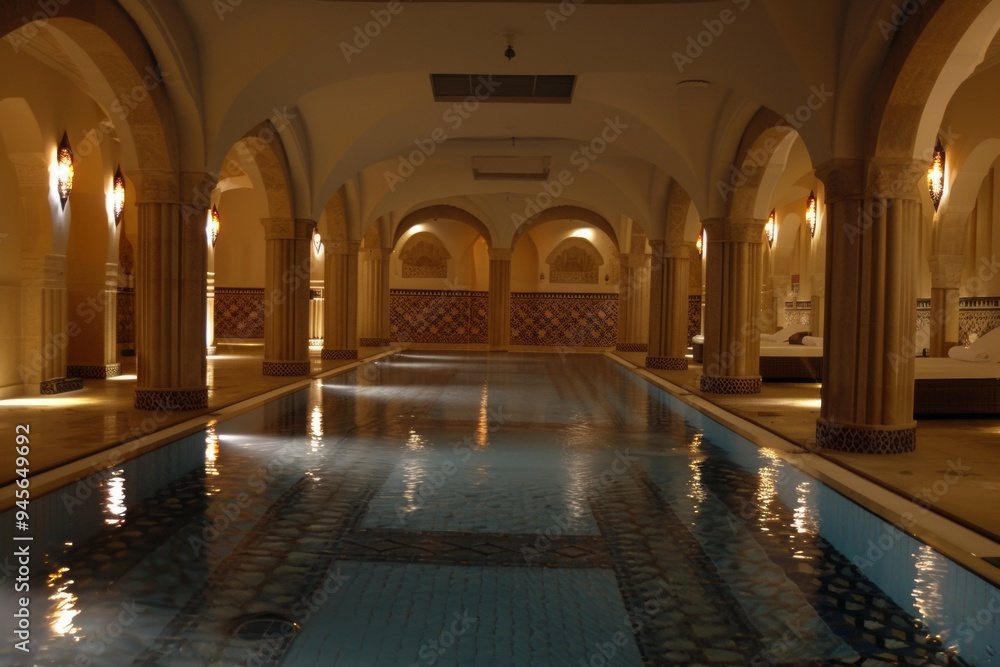 Tranquil indoor swimming pool in a softly lit spa environment featuring elegant arches and tranquil water reflections Tranquil indoor swimming pool in a softly lit spa environment featuring elegant arches and tranquil water reflections