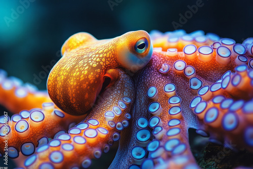 Octopus stretching its tentacles in a deep-sea environment with shadows,