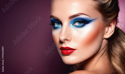 A woman with blue eyeshadow and red lipstick poses against a purple background