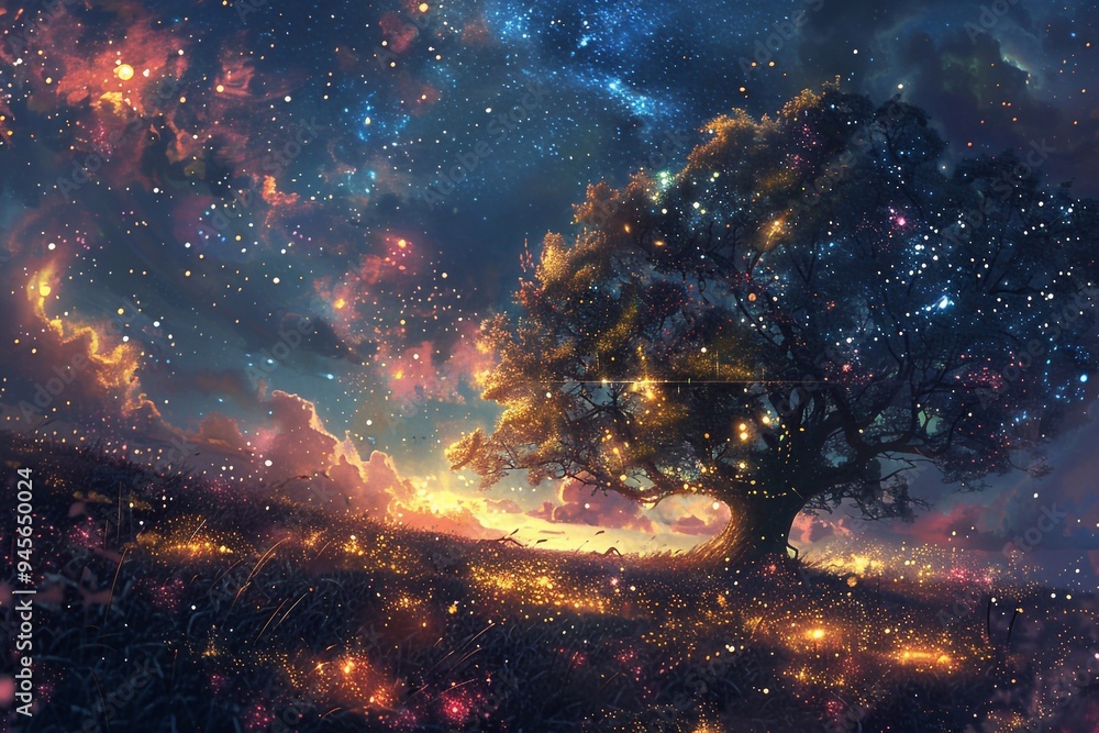 Naklejka premium Envision a mesmerizing landscape filled with shimmering cosmic dust and vibrant particles that illuminate the scene in a spectrum of colors. Imagine these glowing elements swirling together to form st