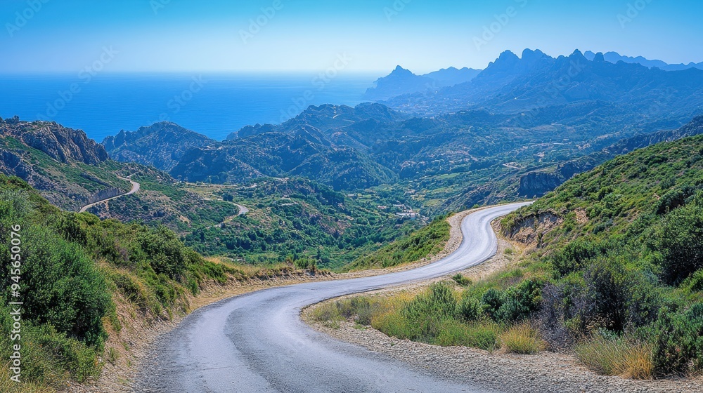 Majestic Panoramic Mountain Road - Scenic Winding Route Towards Distant Horizon under Clear Skies Majestic Panoramic Mountain Road - Scenic Winding Route Towards Distant Horizon under Clear Skies
