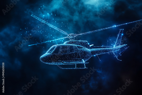 An abstract digital background banner featuring a helicopter connected with data elements in blue and black colors