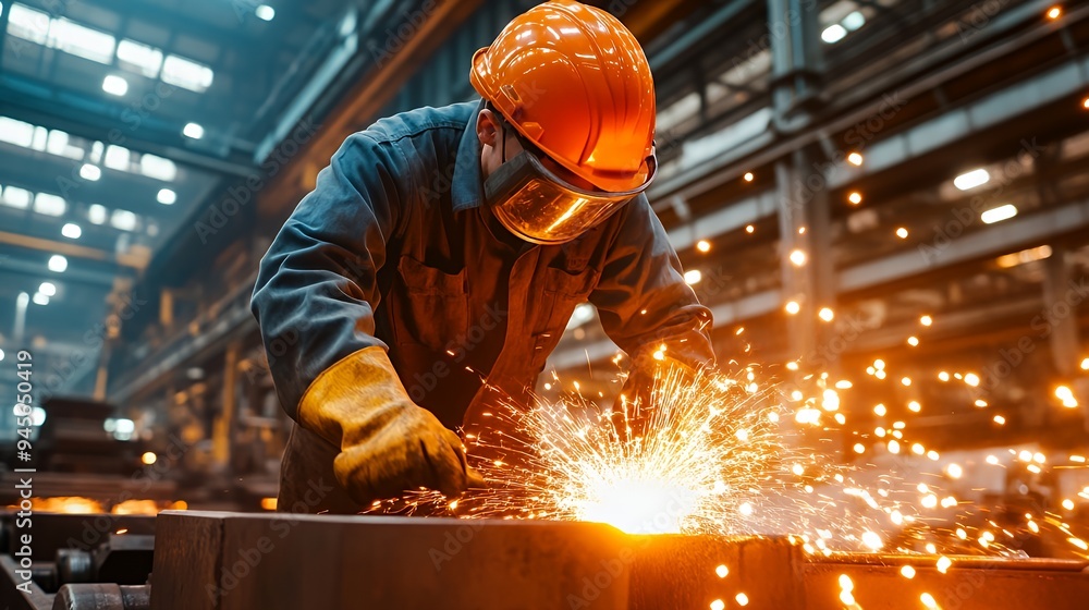 A worker welding metal in an industrial setting, creating sparks and heat. A worker welding metal in an industrial setting, creating sparks and heat.