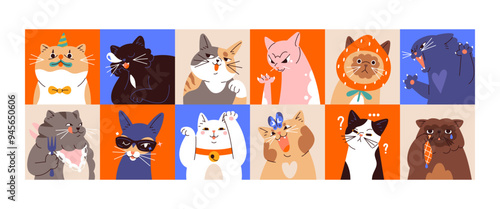 Avatars of cute cats with different emotions set. Square shape user profiles with funny kittens with sad, happy, angry, crying faces. Comic kitties, pets emoji. Flat isolated vector illustrations