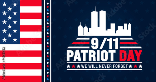 11 September Patriot Day background or banner design template with American flag and New York City. 911 Remembrance. holiday concept. 911 Patriot Day we will never forget text banner.
