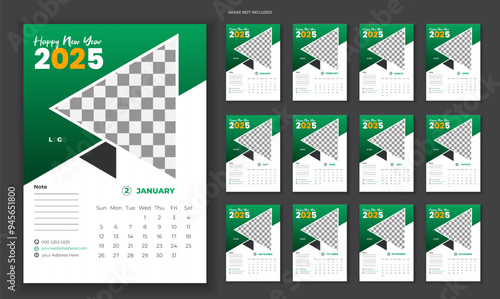 Set of 12 Pages Monthly Calendar Planner Templates on 2025 year. Vector mockup of a wall or desktop calendar