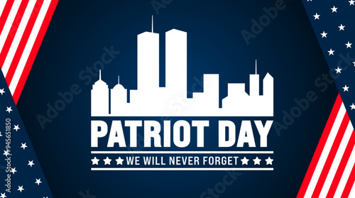 11 September Patriot Day background or banner design template with American flag and New York City. 911 Remembrance. holiday concept. 911 Patriot Day we will never forget text banner. photo