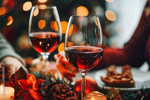 Friends enjoying a Christmas dinner together Red wine glasses at the decorated dinner table photo