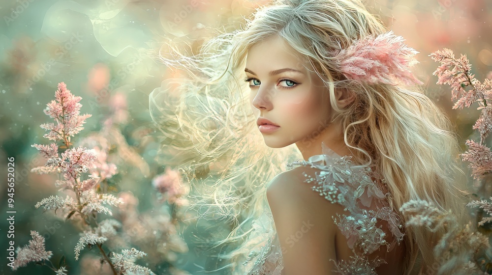 A serene portrait of a young woman surrounded by soft pink flowers in a dreamy atmosphere. A serene portrait of a young woman surrounded by soft pink flowers in a dreamy atmosphere.