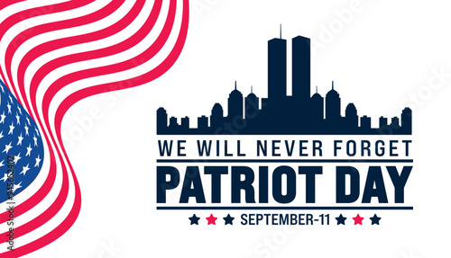 11 September Patriot Day background or banner design template with American flag and New York City. 911 Remembrance. holiday concept. 911 Patriot Day we will never forget text banner.