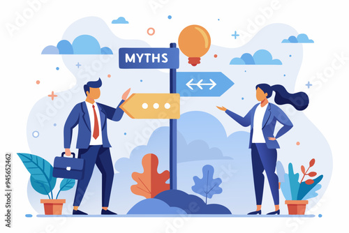 Fact vs Myth, truth or false information to make decision, belief or fiction to choose to believe, trustworthy, fraud or wrong direction concept, business people at Facts vs Myths directional sign.
