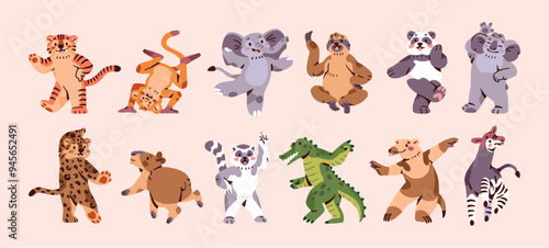 Funny animals dance set. Different anthropomorphic characters, monkey, panda have fun. Happy tiger, lemur, crocodile move with music. Cute elephant, capybara rejoice. Flat isolated vector illustration