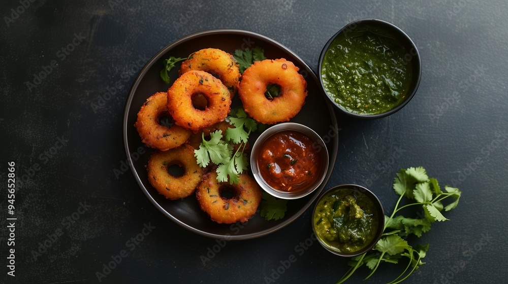 A plate of savory Indian donuts served with green and red chutneys. A plate of savory Indian donuts served with green and red chutneys.