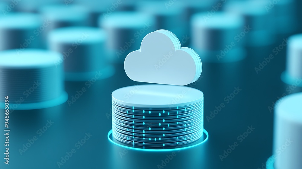Cloud computing concept with futuristic server data storage. Blue toned 3D illustration depicting cloud technology and database solutions.