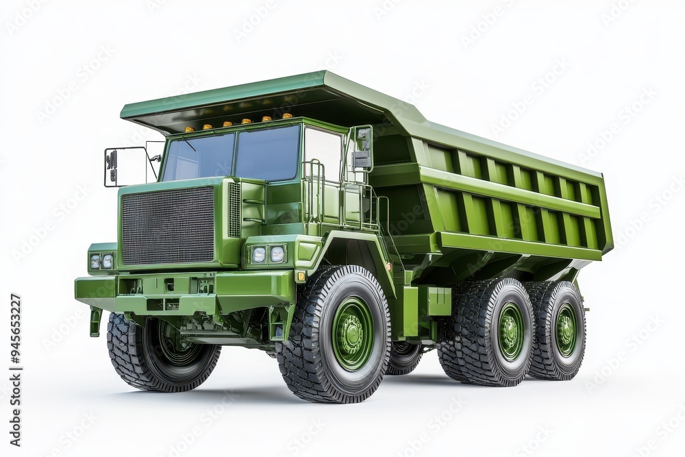 Obraz premium A green dump truck designed for transporting heavy materials in construction and mining.