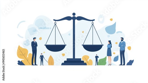 Balance of Justice - Flat Design Illustration of Blindfolded Figures Symbolizing Impartiality and Fairness