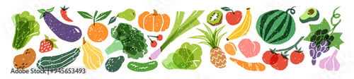 Set of abstract fruit and vegetables. Organic food in doodle style. Different farm products, autumn crop, harvest: pumpkin, apple. Flat isolated hand drawn vector illustrations on white background