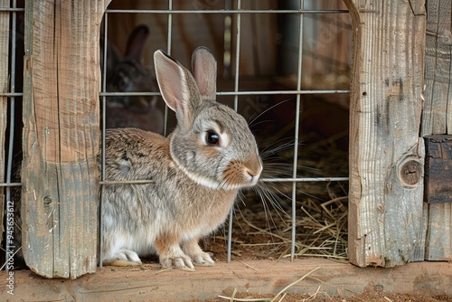 Rabbit hutch Beautiful rabbit at the door of its hutch