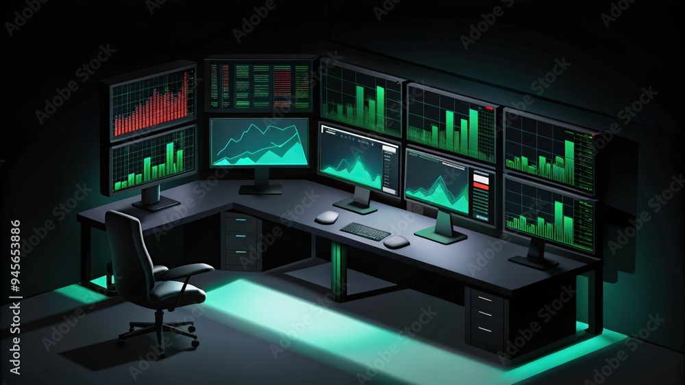 Fototapeta premium A Modern Workstation with Multiple Monitors Displaying Data and Graphs