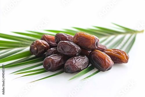 Create a visually appealing arrangement featuring dried date palm fruits alongside lush green leaves. Focus on the rich, golden-brown hues of the dates, highlighting their texture and natural sweetnes photo