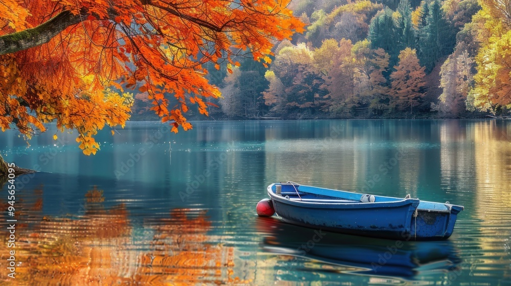 Naklejka premium A small boat is parked on the lake in the autumn