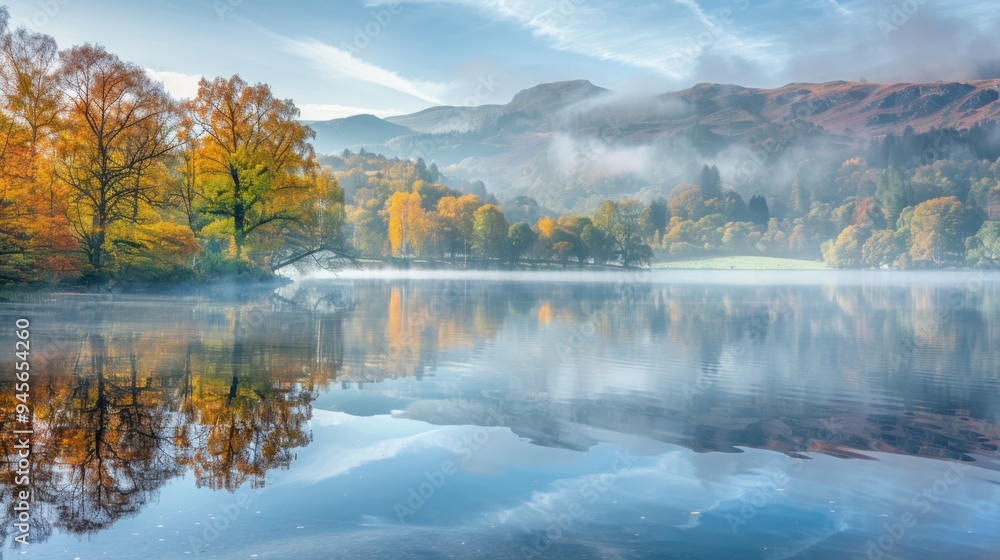 The lake was misty in the early autumn morning The lake was misty in the early autumn morning