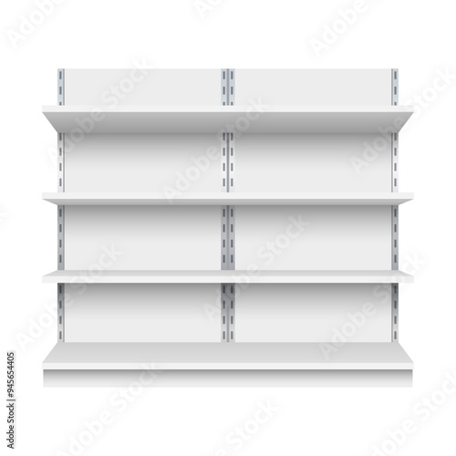 Realistic supermarket stand, bookcase, shop product exhibition set.Showcase display or equipment for warehouse.
