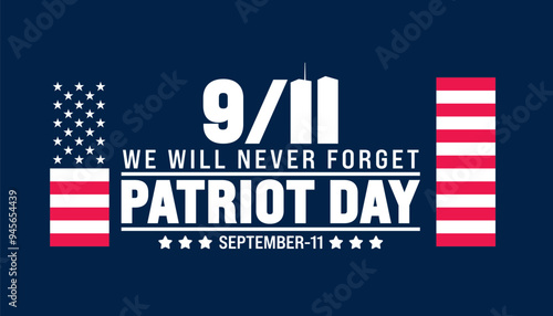 11 September Patriot Day background or banner design template with American flag and New York City. 911 Remembrance. holiday concept. 911 Patriot Day we will never forget text banner.